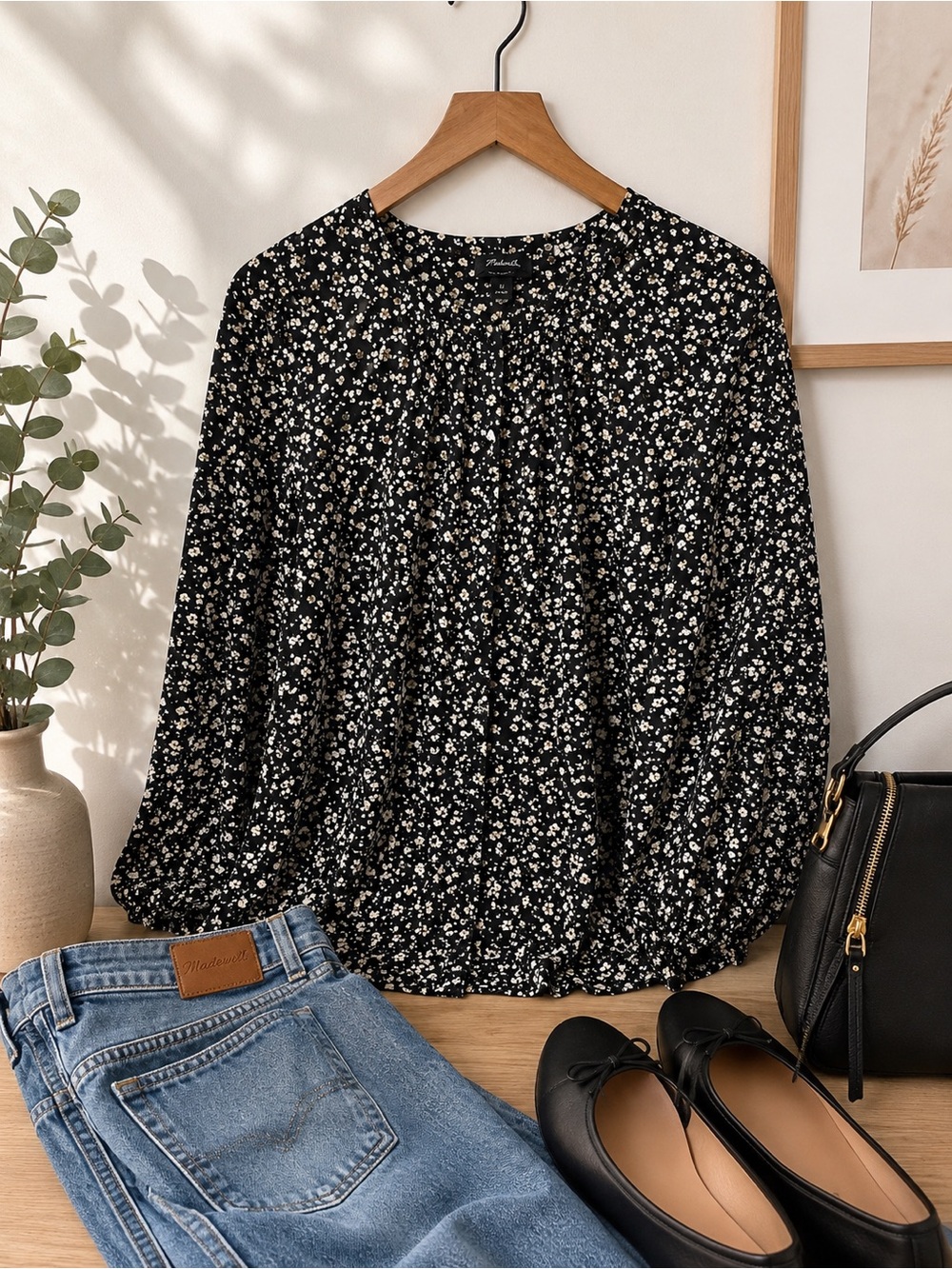 NWT Scoop Black Floral Long-Sleeve Blouse XL